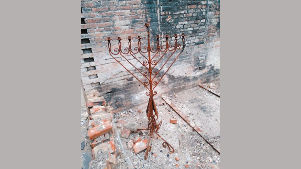 The rusted hanukkiah in the synagogue in Mariupol.